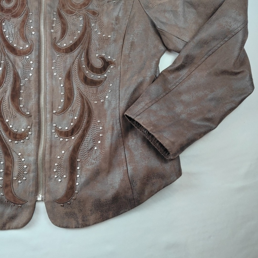 Reba Women's Faux Vegan Leather Jacket Sz L Studded Brown Western Zipper - Picture 5 of 16